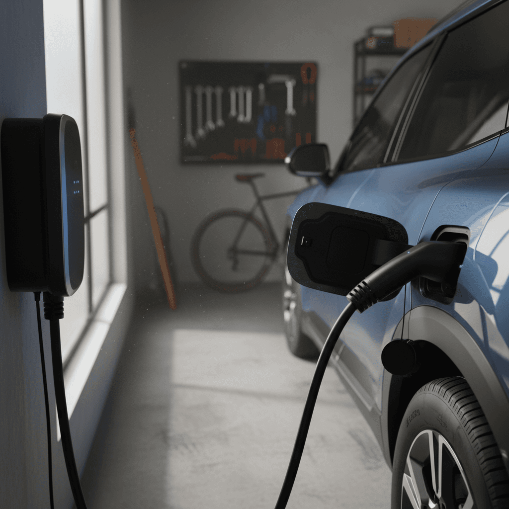 Kia EV9 parked in a home garage connected to a wall-mounted Level 2 charger, showing cable plugged into the charge port
