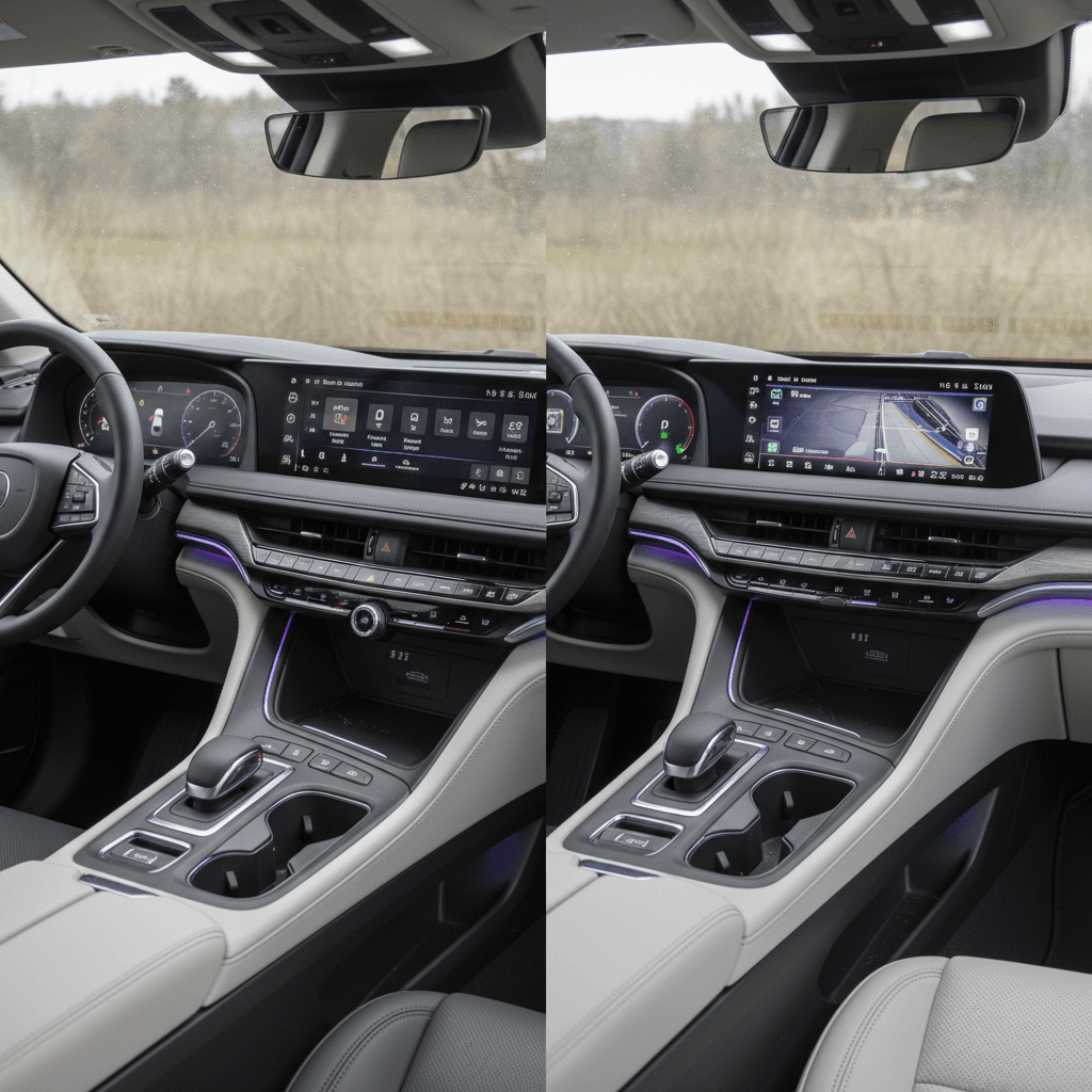 Side-by-side interior comparison of the Acura ZDX and Cadillac Lyriq dashboards with large infotainment screens and ambient lighting