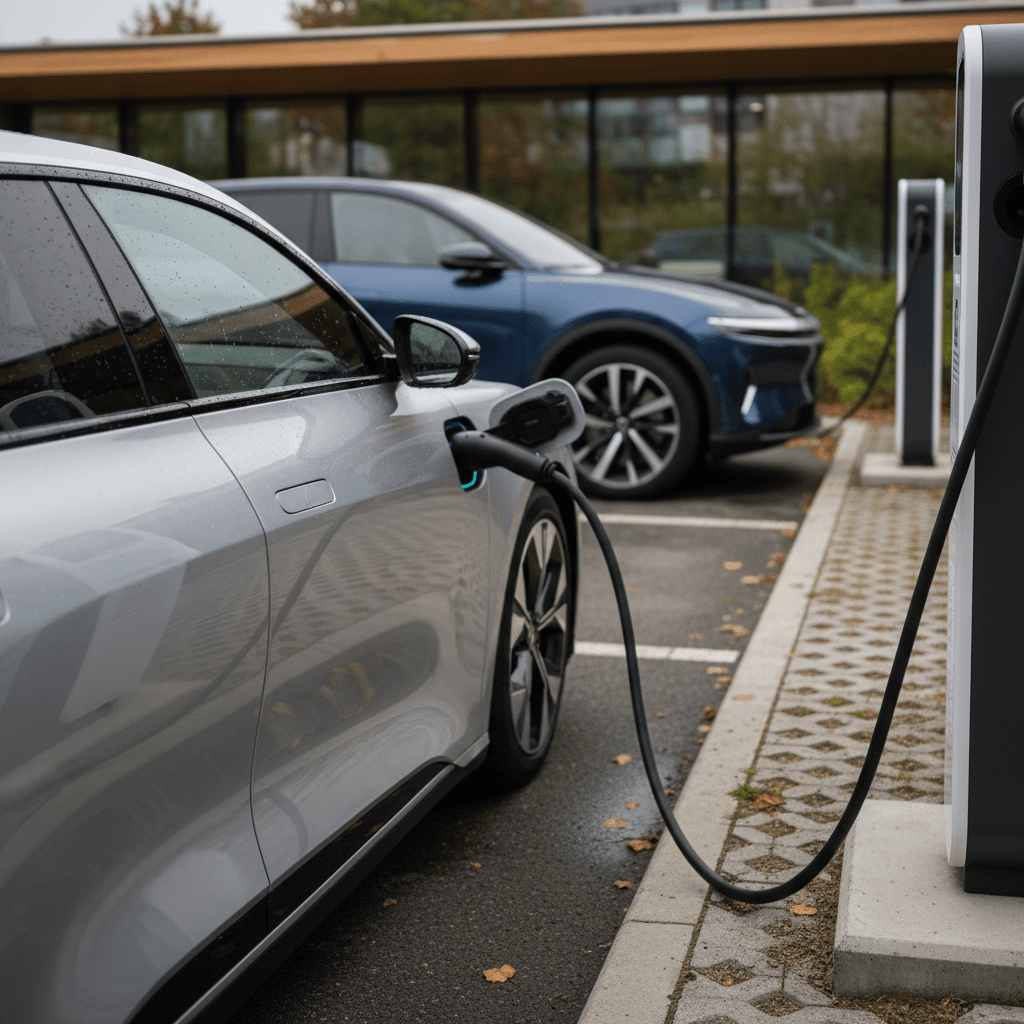 Tesla-style digital dashboard showing remaining EV battery range and state of charge