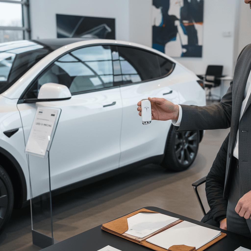 Seller meeting with an EV specialist to review a 2020 Tesla Model Y value report before listing the vehicle