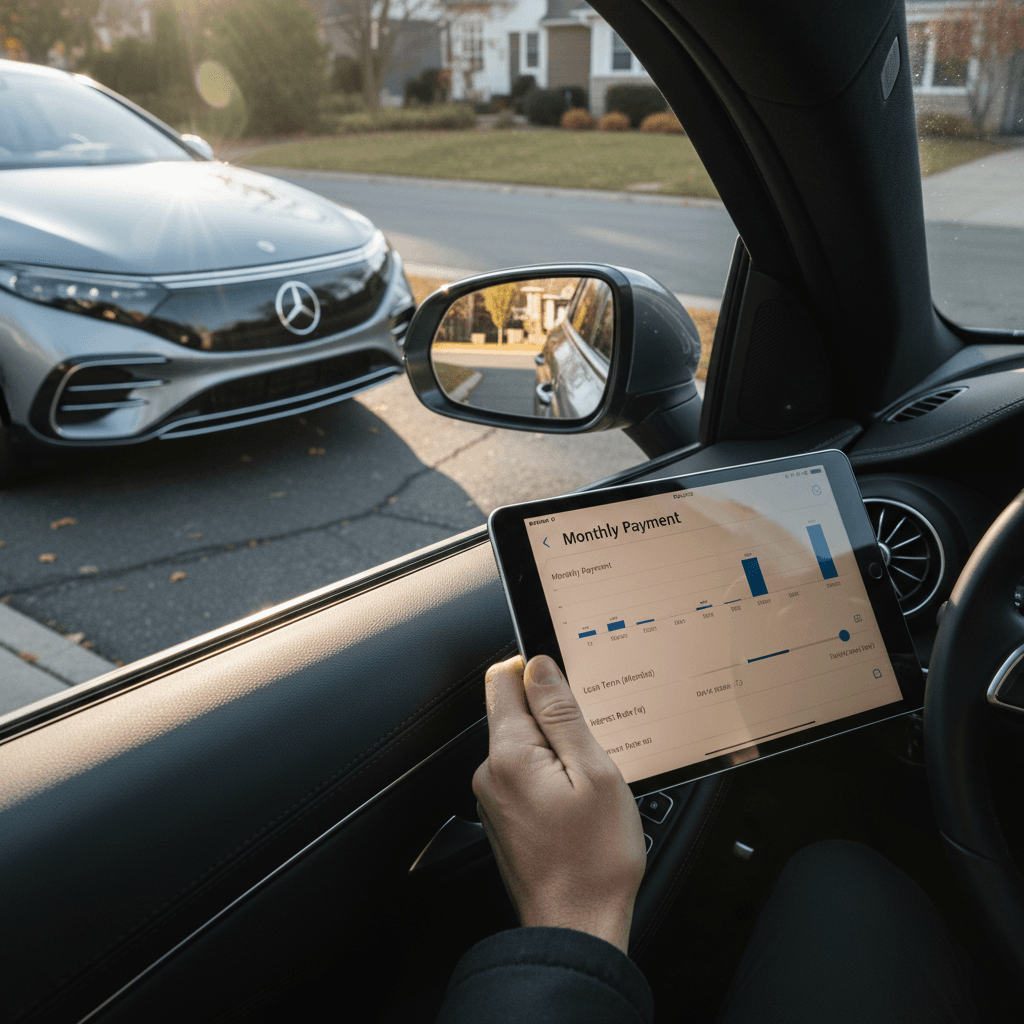 Driver using an auto loan calculator on a tablet while a Mercedes EQS sits parked in a residential driveway