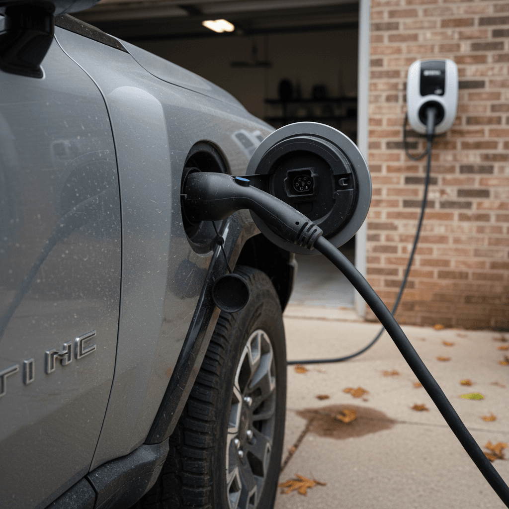 Used electric pickup truck charging at a home driveway with cable plugged into the charge port