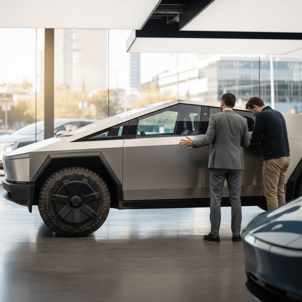 Customer and EV specialist inspecting a used Tesla Cybertruck on a dealership-style lot, focusing on body panels and wheels