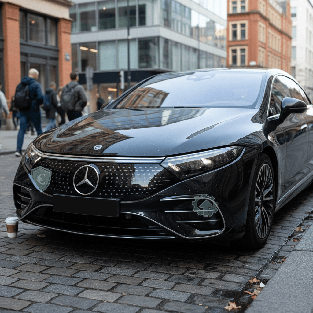 Used Mercedes EQS luxury electric sedan parked in a city setting, representing insurance considerations for pre-owned EV buyers