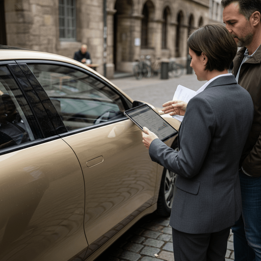 Insurance agent and Hyundai Ioniq 6 owner reviewing coverage options next to the parked EV sedan
