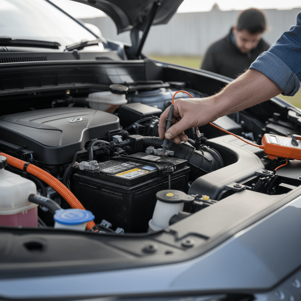 Hyundai Kona Electric 12V battery under the hood with terminals and hold-down bracket visible