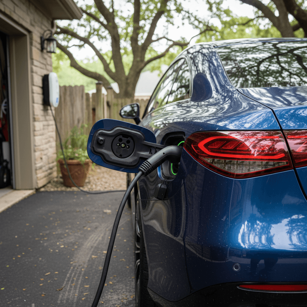 2023 Mercedes EQE plugged into a home Level 2 charger, showcasing rear quarter panel and taillight design
