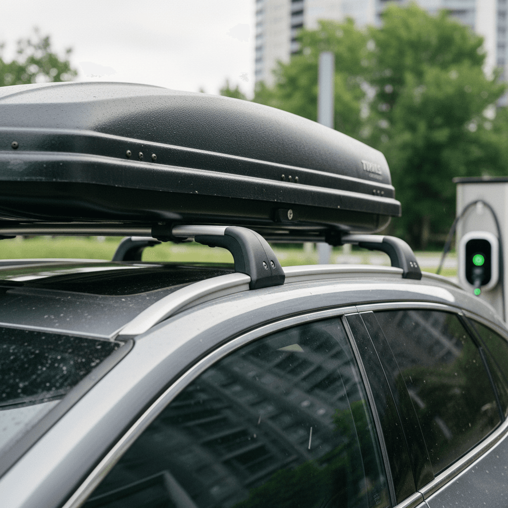 Lexus RZ 450e roof rails and cross bars with a slim cargo box installed