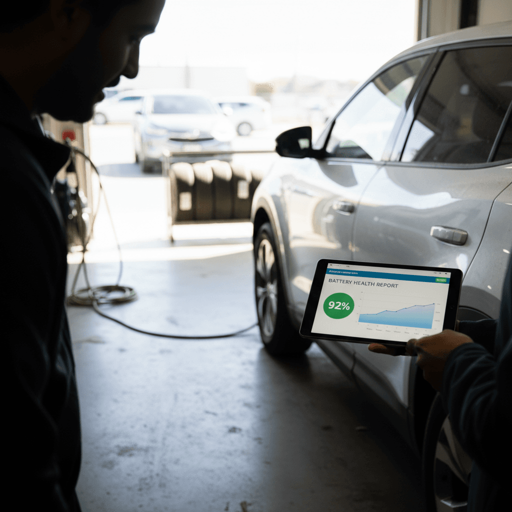 Customer and EV specialist reviewing a digital battery health report next to a used electric car in a California showroom