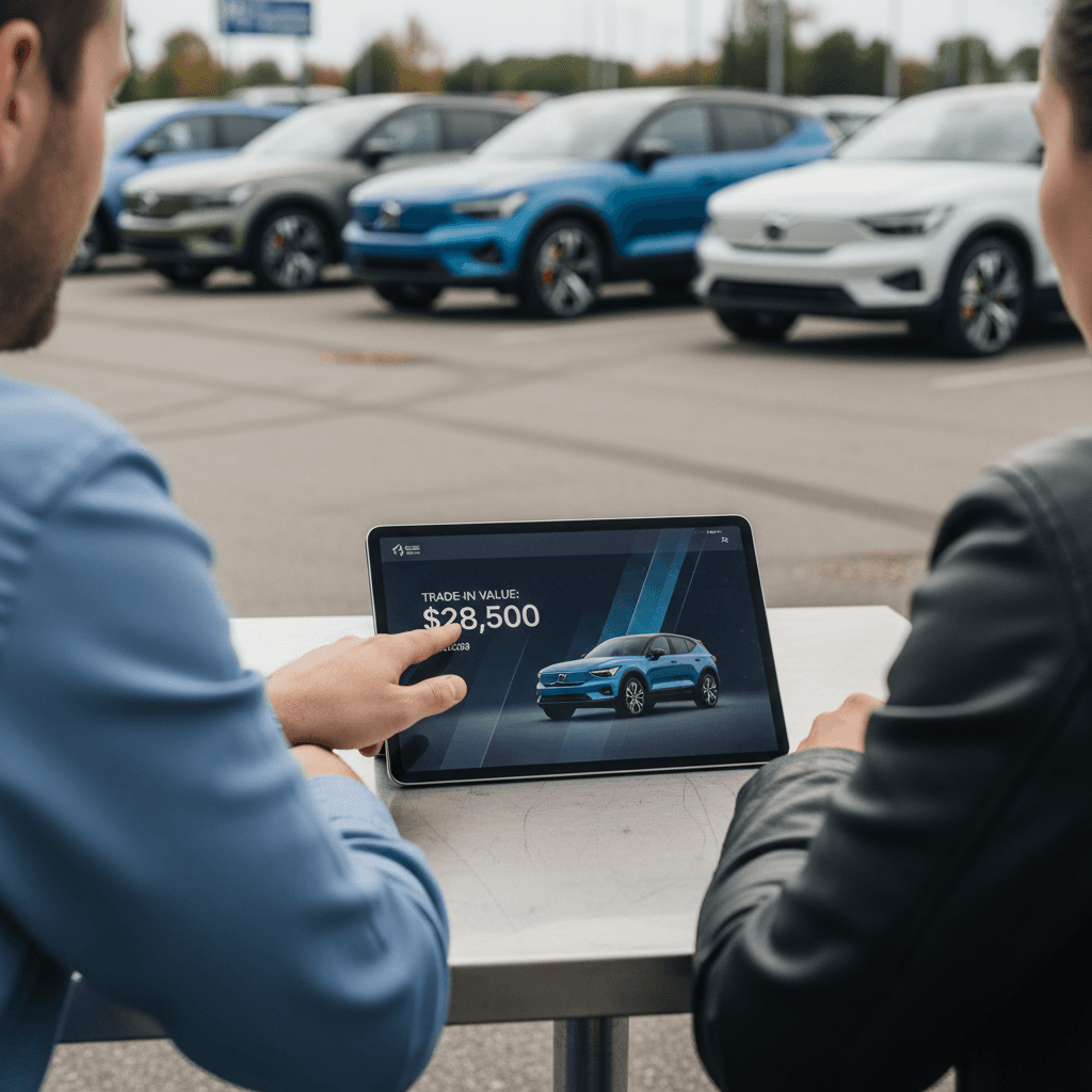 Owner discussing a 2025 Volvo EX30 trade-in quote with a salesperson using a tablet