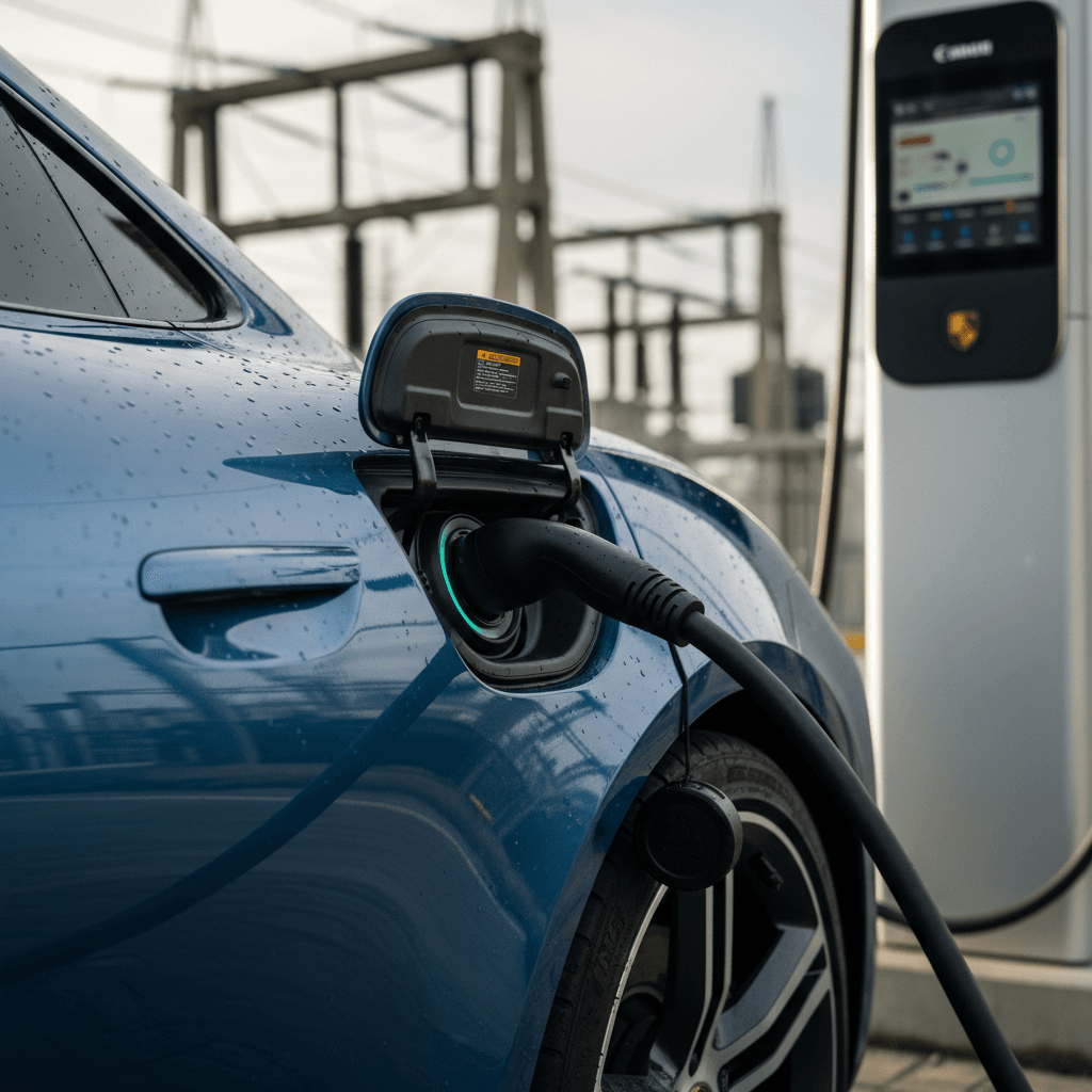 A Porsche Taycan plugged into a DC fast charger at a modern highway charging plaza