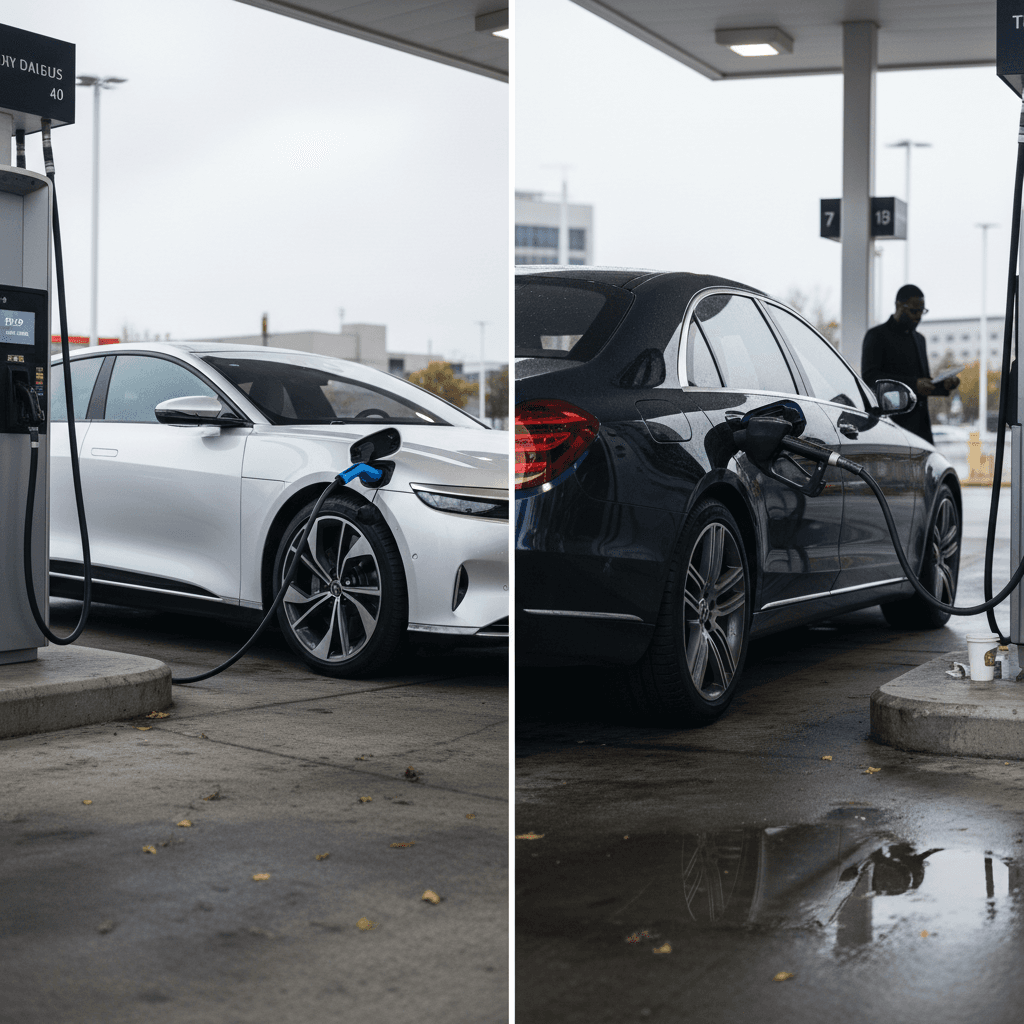 Lucid Air plugged into a fast charger beside a gas luxury sedan at a fuel pump, illustrating cost differences between electricity and gasoline