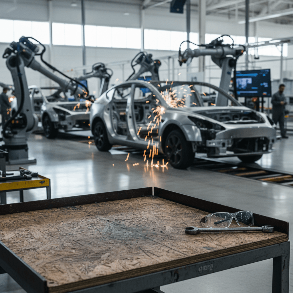 Wide exterior view of Tesla Gigafactory Texas with large main building and parking area