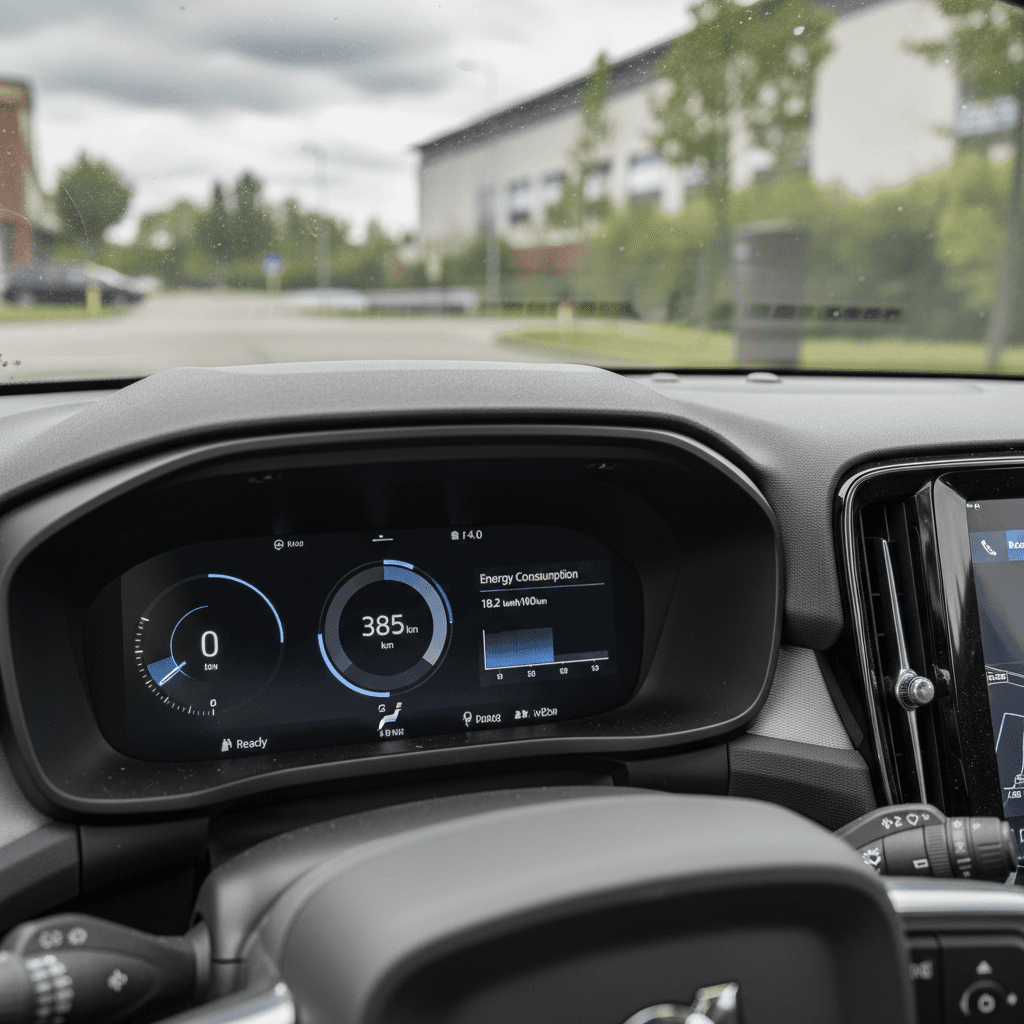 Volvo C40 Recharge digital dashboard showing range, battery percentage, and energy consumption data while driving