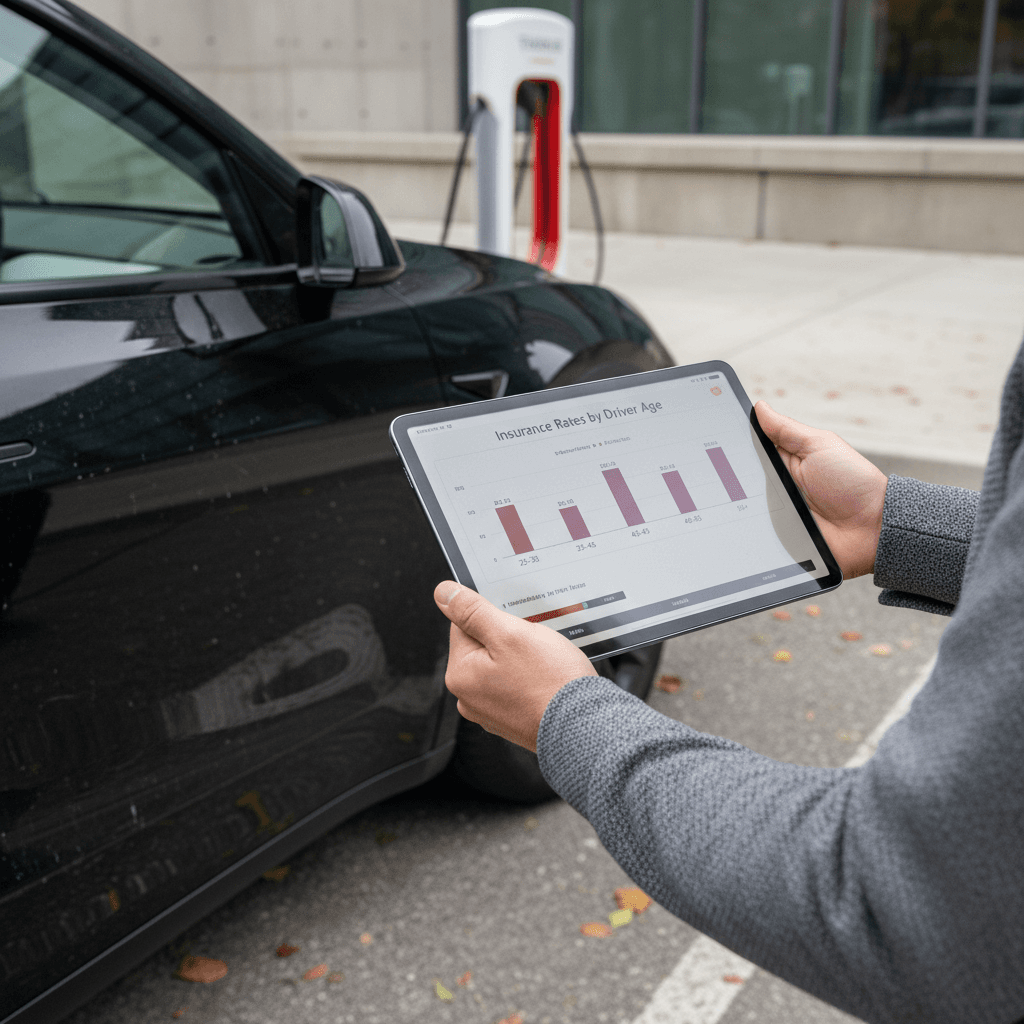 Tablet displaying a chart of Tesla Model Y insurance rates by driver age held next to a parked vehicle in a driveway