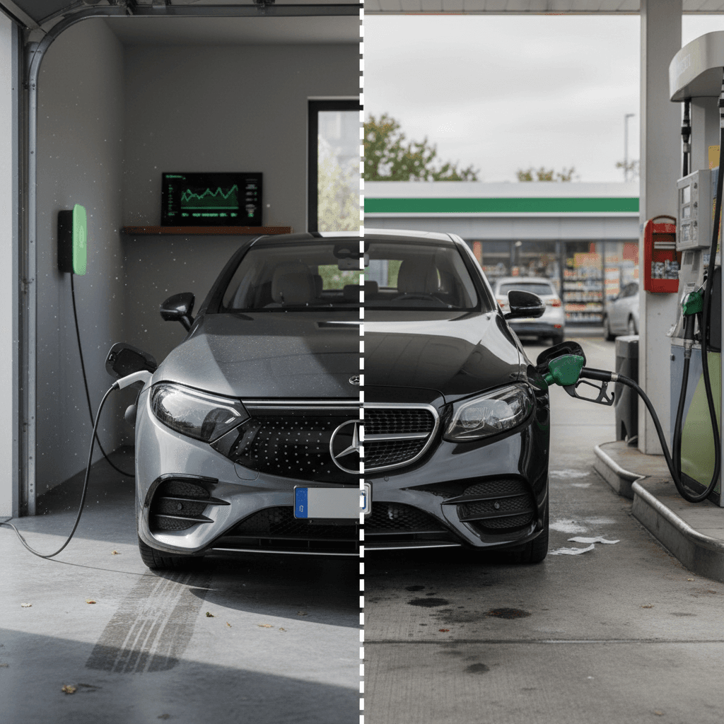Diagram comparing 5-year cost breakdown for a Mercedes EQE versus a gas Mercedes E-Class including energy, maintenance, and depreciation