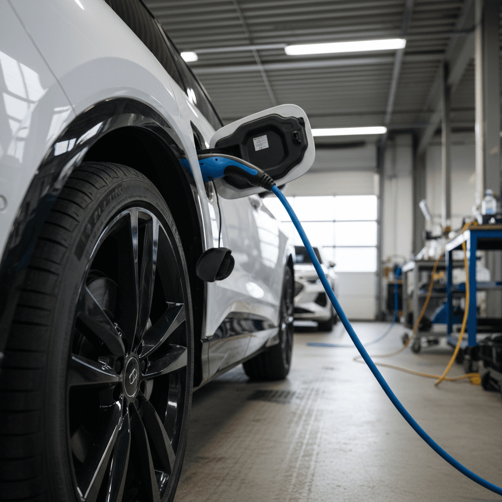 Audi Q4 e-tron charging port and wheel being inspected before sale