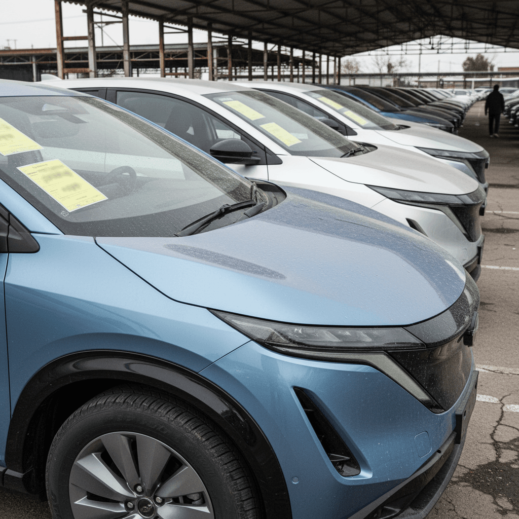 A lineup of used Nissan Ariya SUVs parked on a lot with price stickers, illustrating a softening used EV market.
