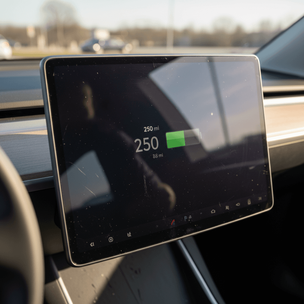 Close-up of a Tesla Model Y display showing battery percentage and estimated driving range, used to gauge battery degradation over time