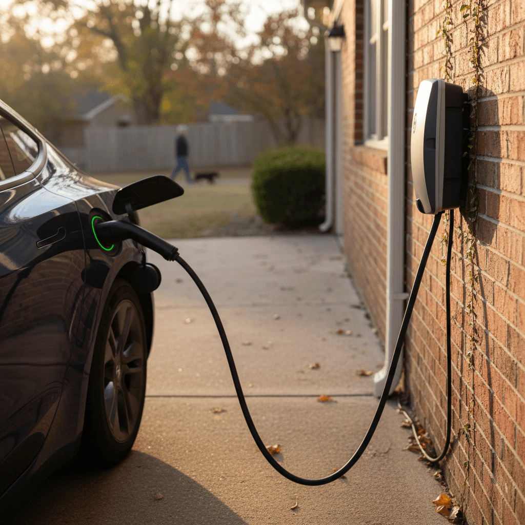 Electric car plugged into a Level 2 charger in the driveway of a Charlotte home at dusk