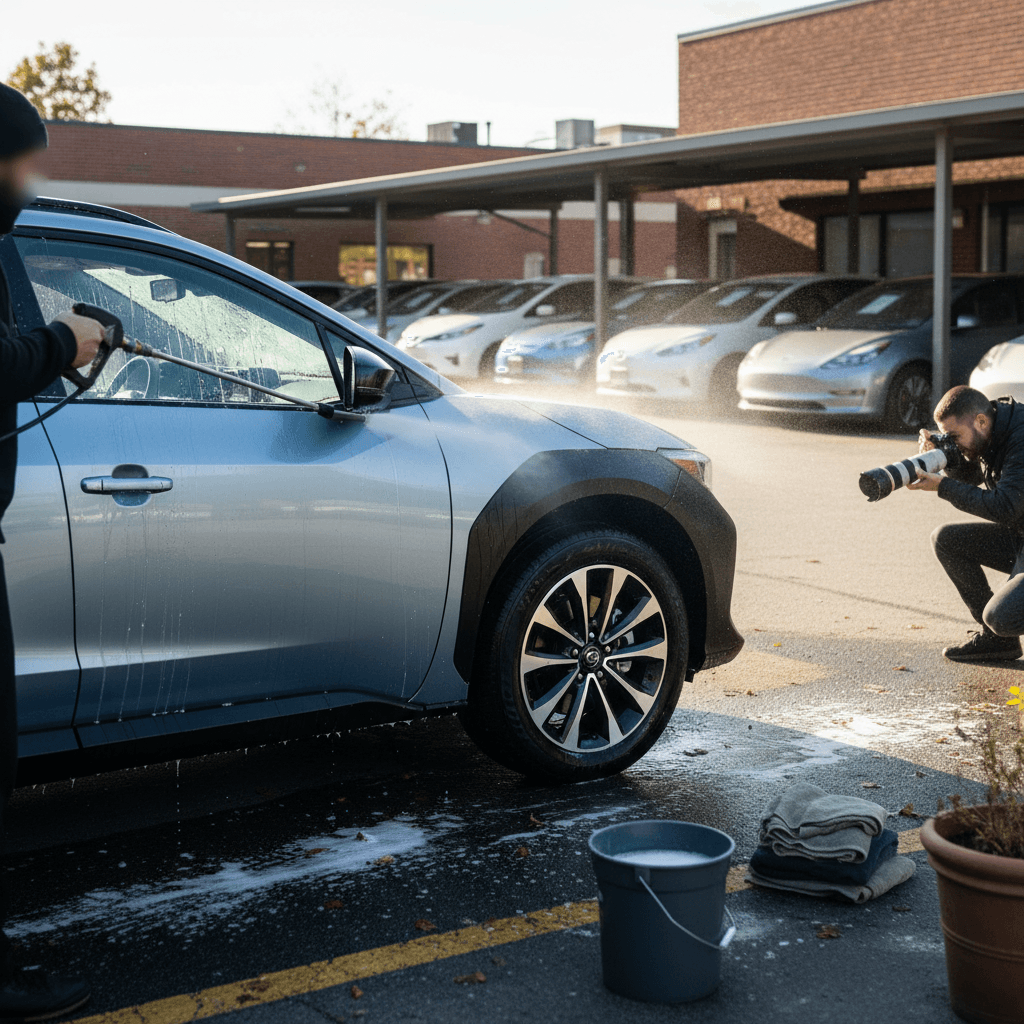 Owner cleaning and photographing a Subaru Solterra before listing it for sale