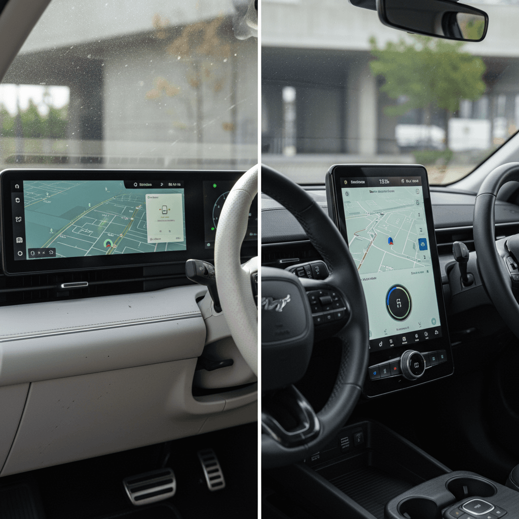 Hyundai Ioniq 5 and Ford Mustang Mach-E interiors side by side, highlighting dashboard design and front seating