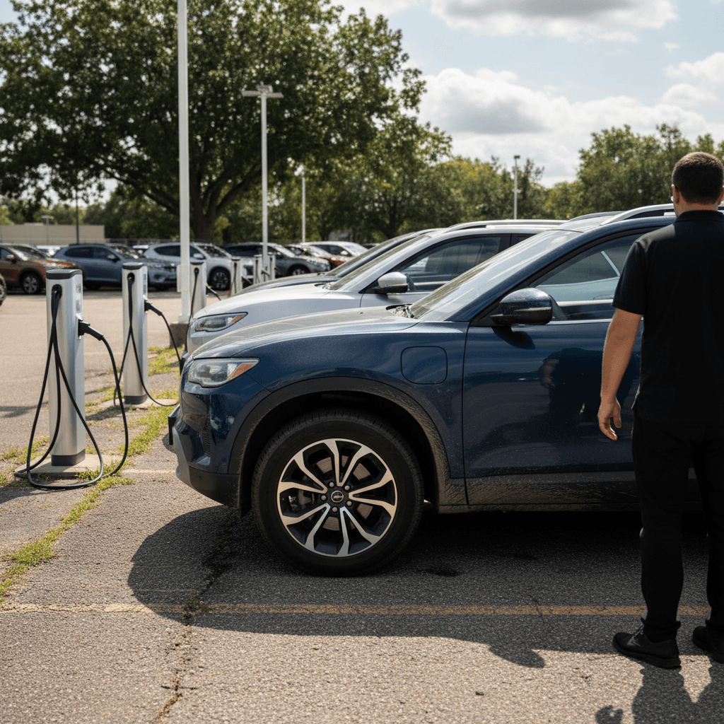 Family comparing used all-wheel-drive SUVs on a dealership lot in winter weather