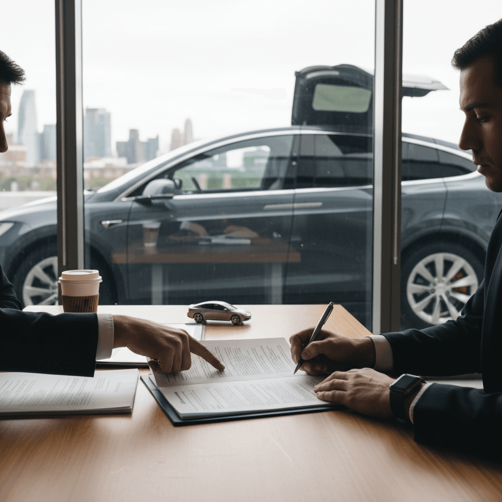 Insurance advisor and Tesla Model X owner reviewing coverage options with the SUV parked outside the office window