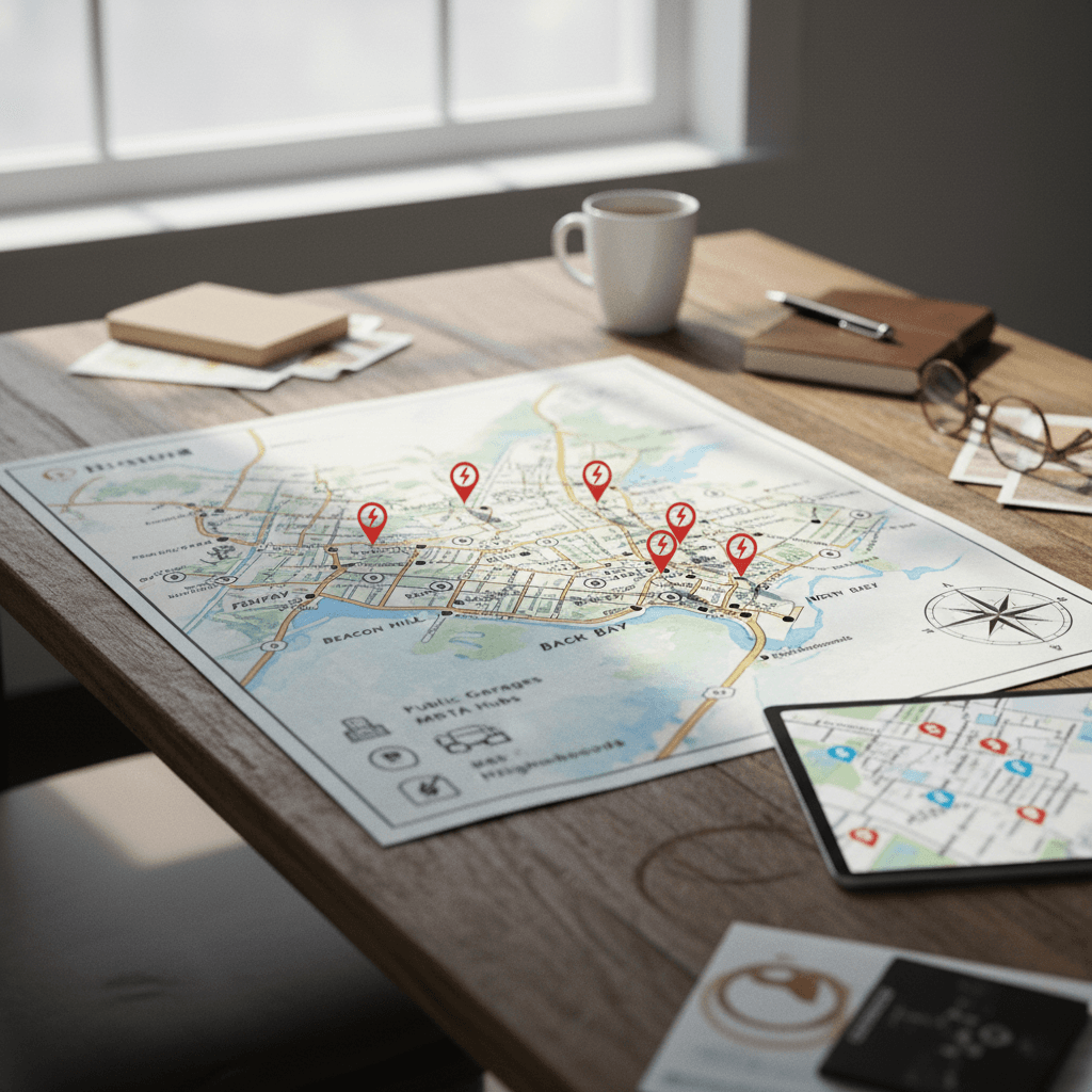 Simplified map of central Boston with icons marking public EV charging near municipal garages, transit hubs, and neighborhood streets.