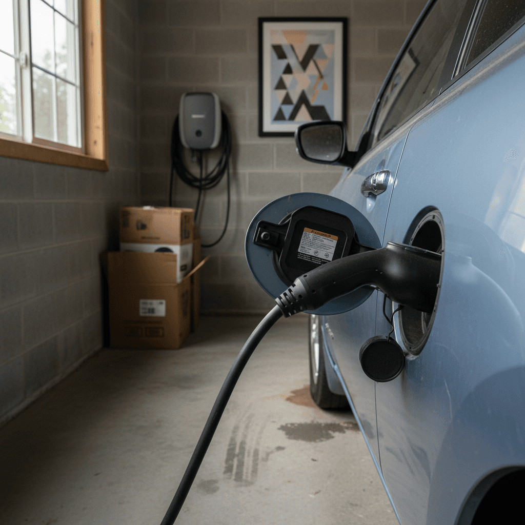 Electrician installing a Level 2 EV charger on the wall of a North Carolina home garage for a used electric car owner