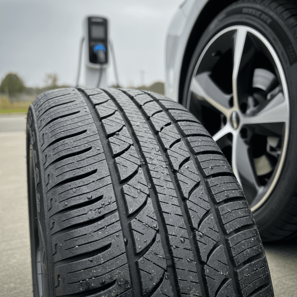 Closeup of an electric car’s all-season tire tread pattern on a wet road