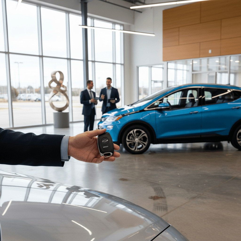 Chevrolet Bolt EV owner handing keys to buyer inside a modern EV-focused showroom