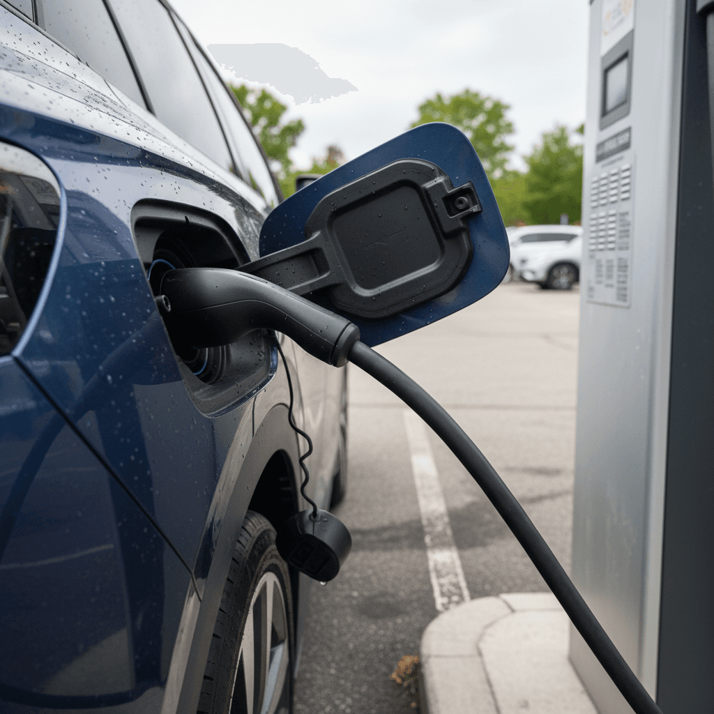 2021 Volkswagen ID.4 plugged into a public fast charger, showing the charging port and cable connection