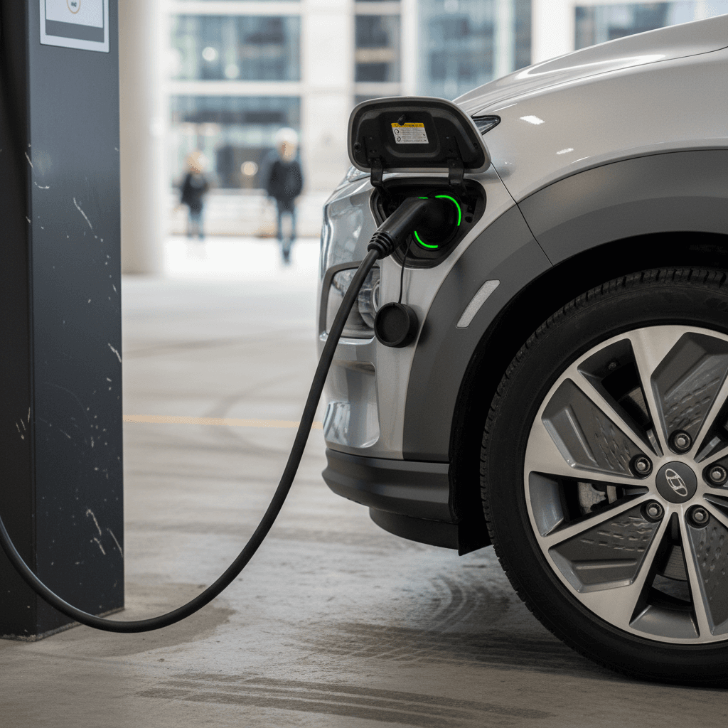 2024 Hyundai Kona Electric plugged into a public DC fast charger, focusing on the charging port and front wheel