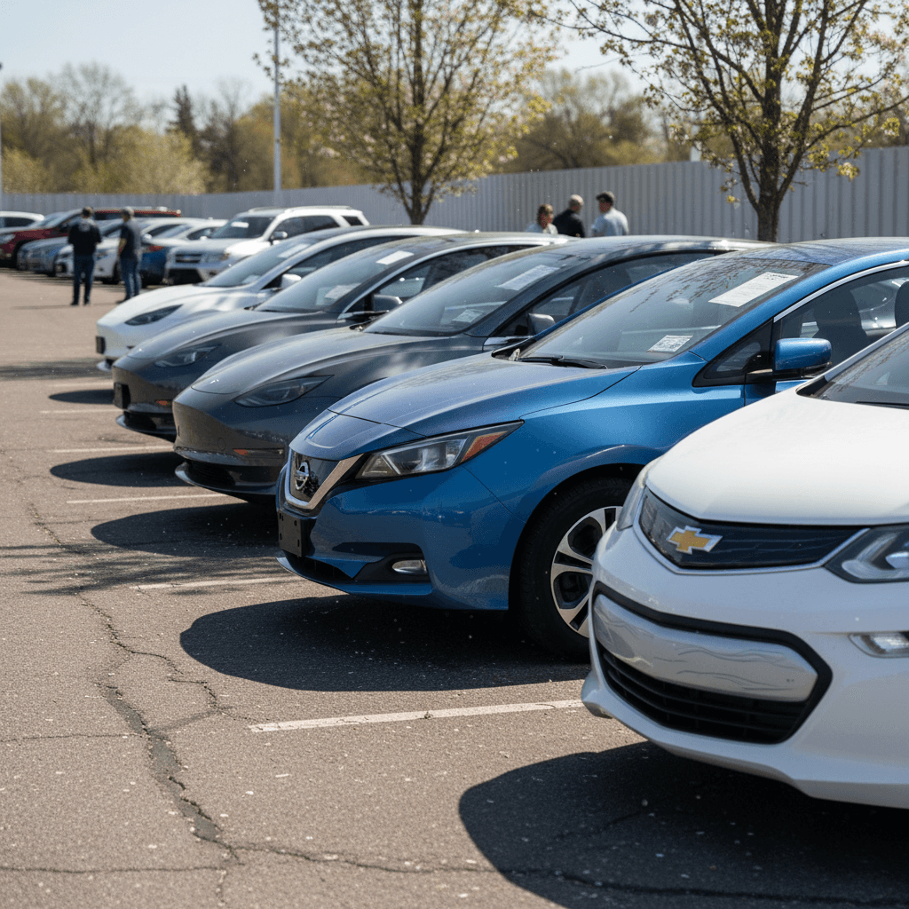 Row of used electric cars parked at a dealership lot on a sunny spring day, each with price stickers on the windshield.
