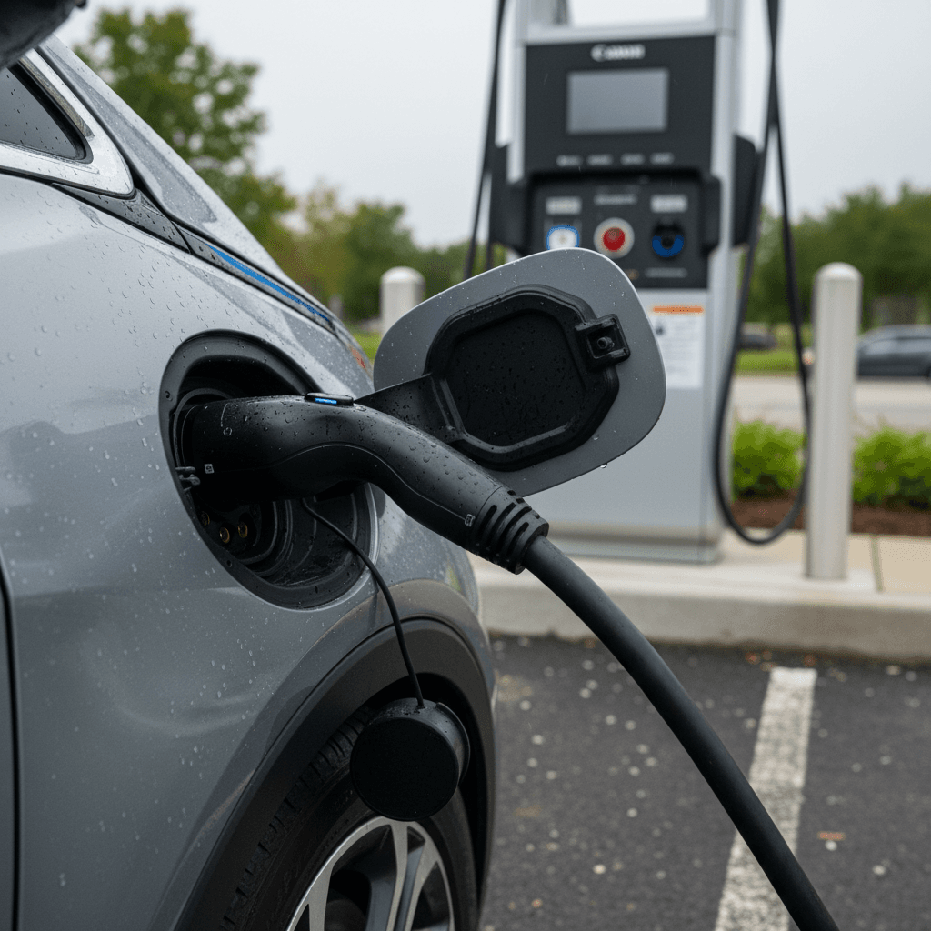 2020 Chevrolet Bolt EV plugged into a public DC fast charger, showing the CCS connector in use