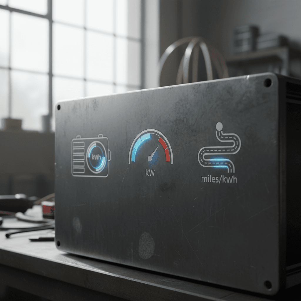 Simple illustration showing an EV battery labeled in kWh alongside range and efficiency indicators like miles per kWh and kW charging speed.