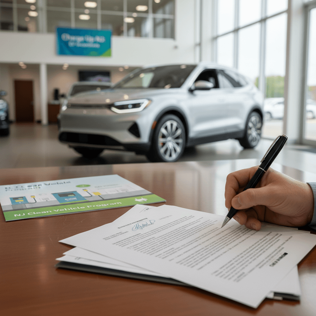 New Jersey car shopper reviewing EV rebate paperwork with dealer at a showroom desk