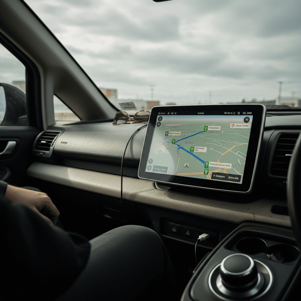 Driver using an EV’s touchscreen to plan a route with fast charging stops along the highway