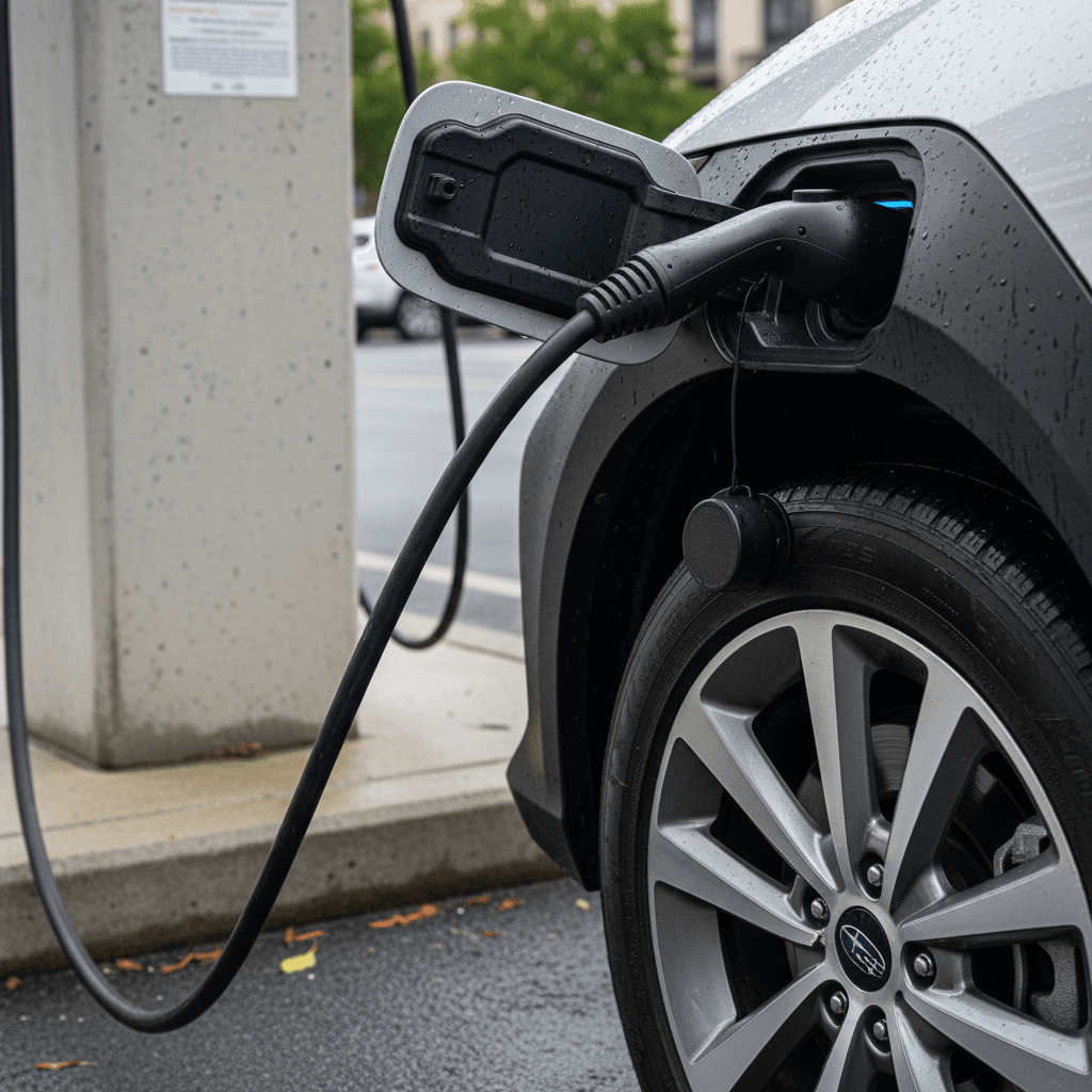 Close-up of a Subaru Solterra plugged into a DC fast charger, focusing on the charge port and wheel.