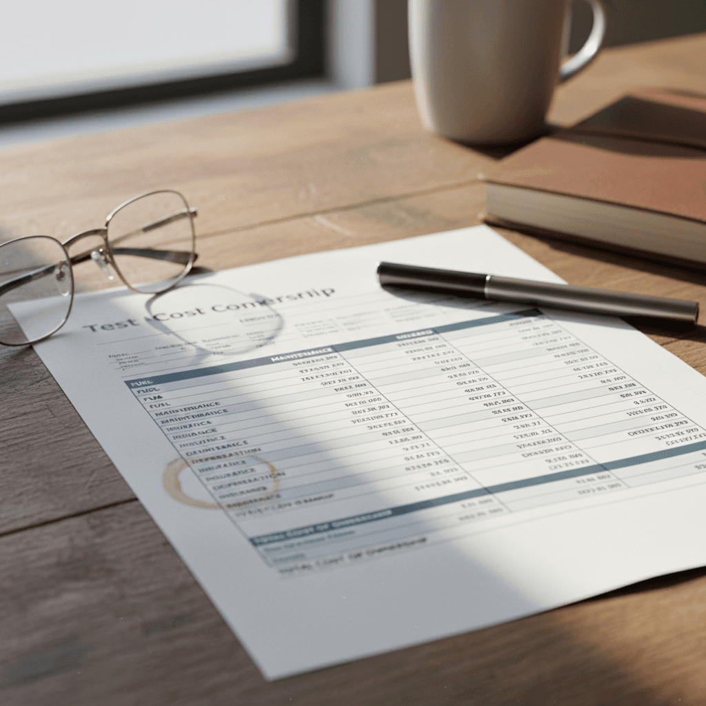 Spreadsheet view comparing long-term ownership costs of a Honda Accord and Tesla Model 3 including fuel, maintenance, insurance and depreciation columns