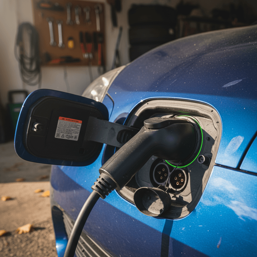 Technician inspecting the underbody battery pack of a used electric vehicle on a lift