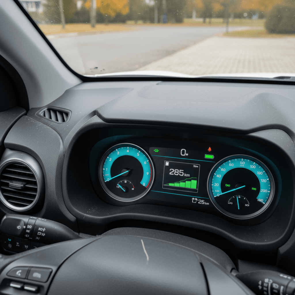 Hyundai Kona Electric digital dashboard showing state of charge and estimated driving range