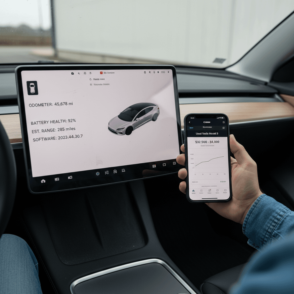 Tesla owner reviewing resale value estimates on a smartphone while the car’s touchscreen displays vehicle status