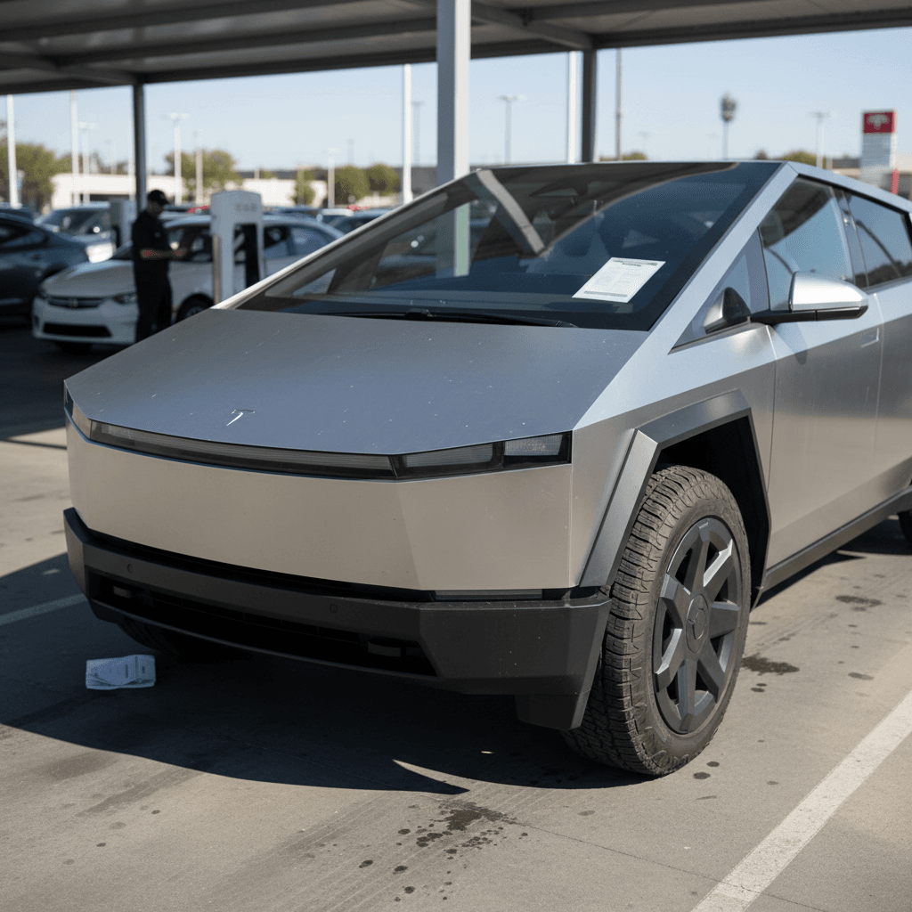 2024 Tesla Cybertruck parked on a dealer lot with pricing stickers in the window