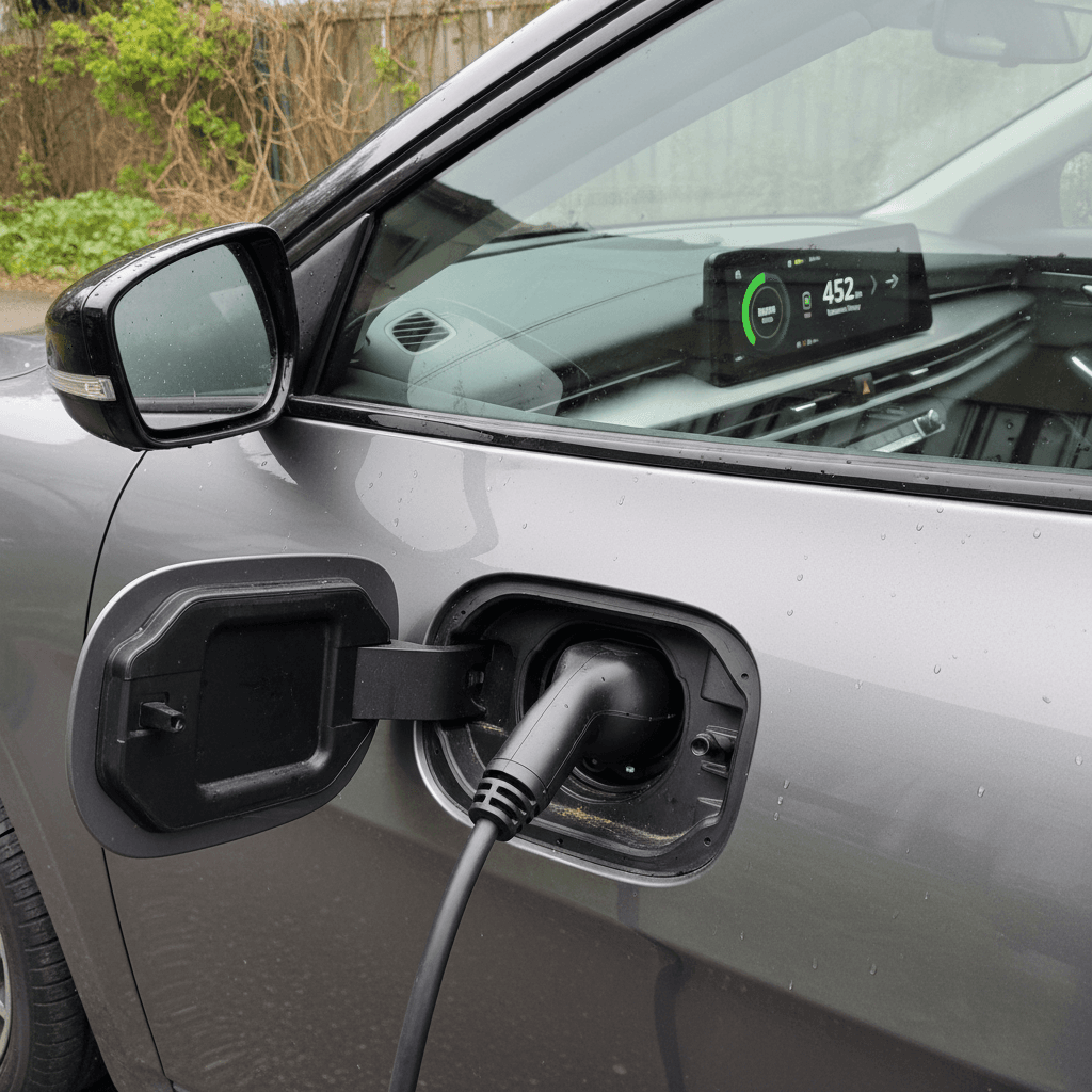Close-up of a Kia EV6 charging port and digital dash displaying remaining range and battery percentage