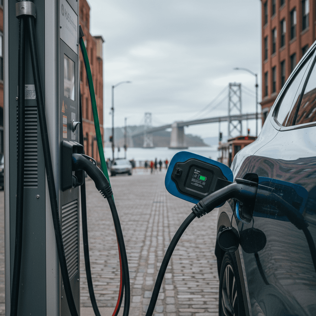 Electric vehicles charging at a mixed-network DC fast charging hub near downtown San Francisco with the Bay Bridge in the background