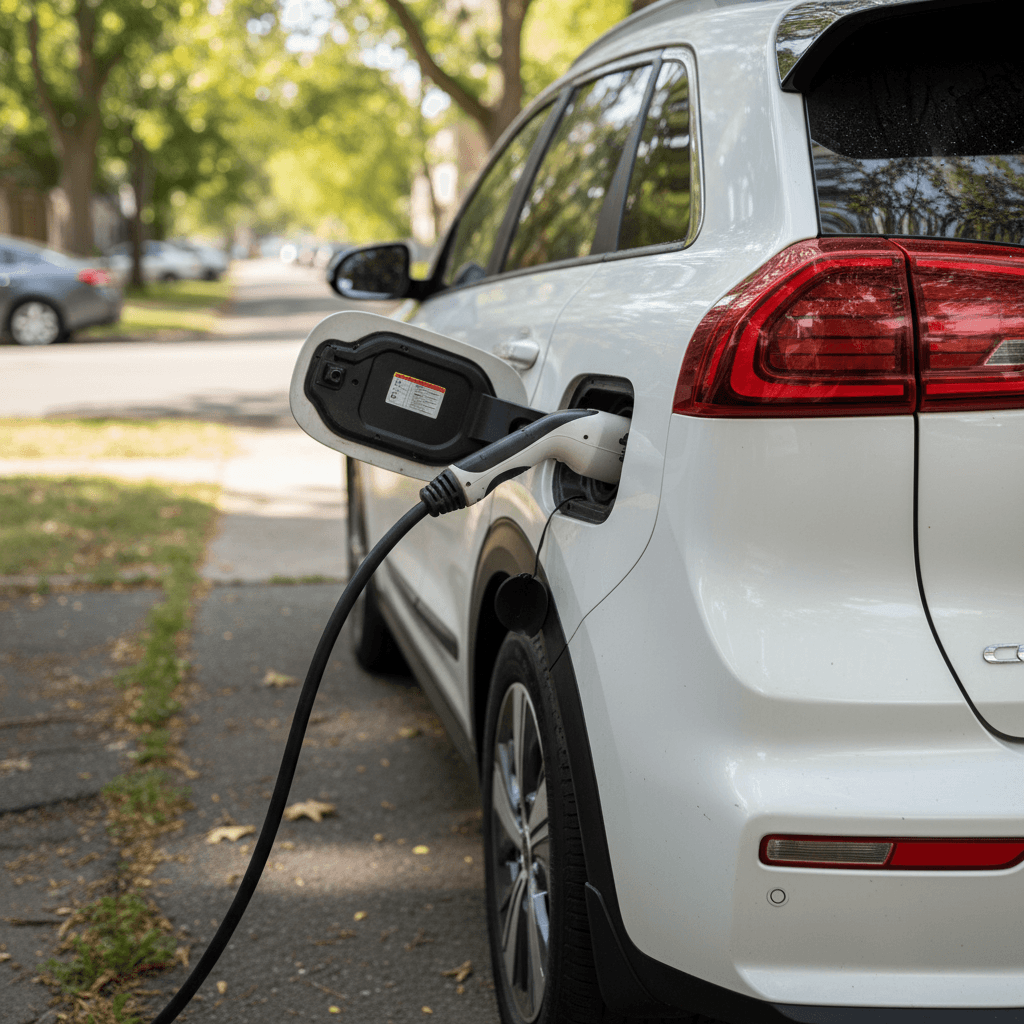 Rear three‑quarter view of a 2024 Kia Niro EV plugged in, showing charging port and hatchback cargo area