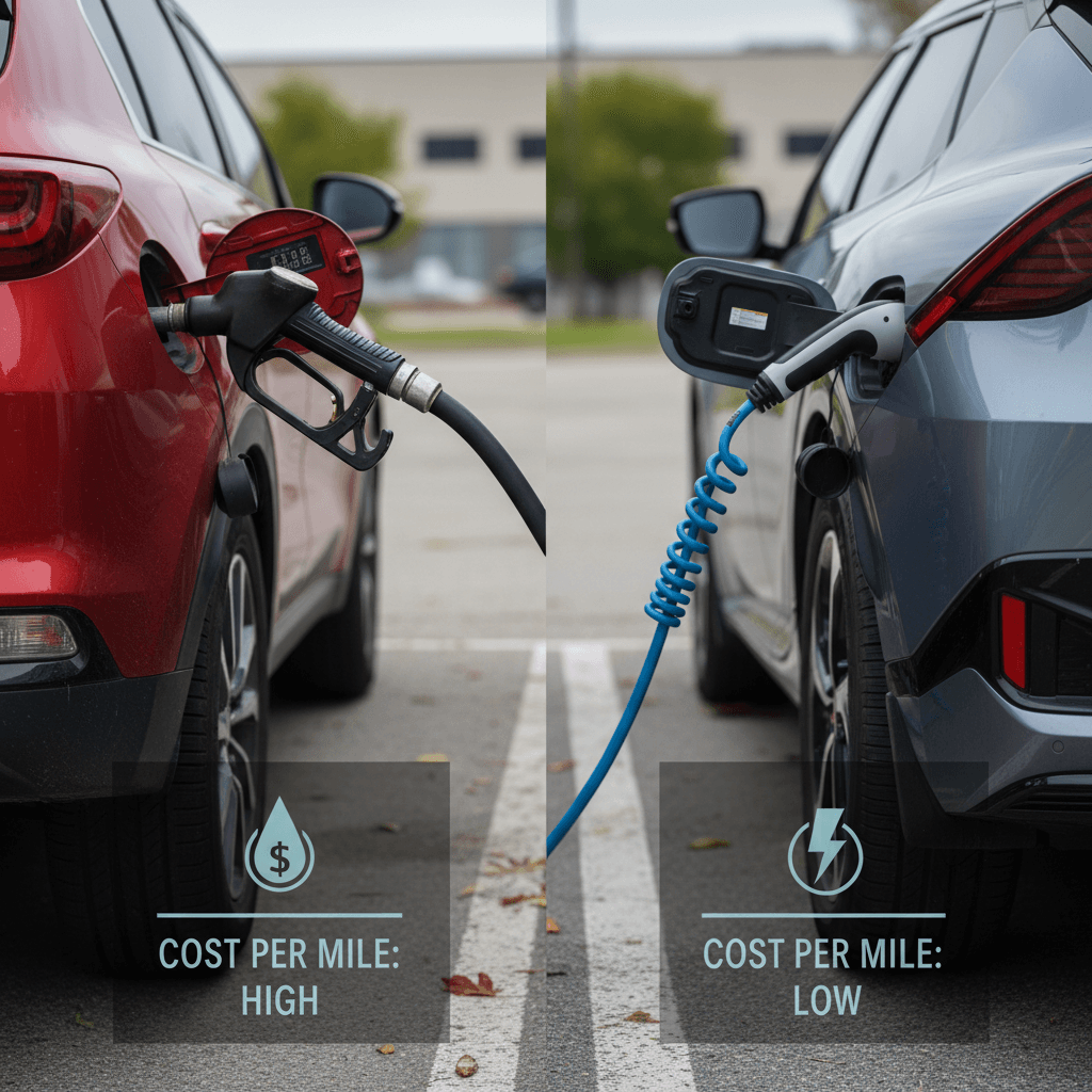 Illustration comparing long‑term fuel costs of a Kia EV6 and a Kia Sportage with icons for gas and electricity