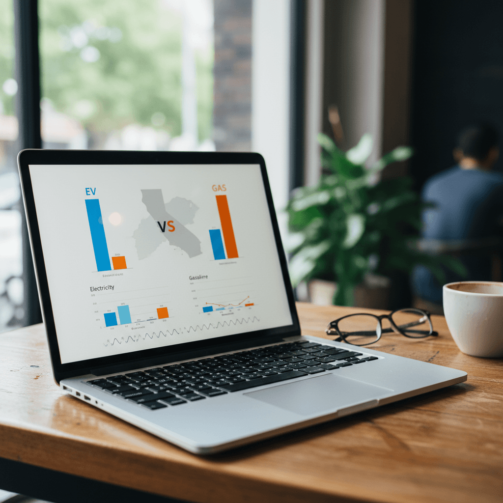 Laptop showing a chart comparing monthly EV electricity costs at home versus gas fuel costs for a California driver
